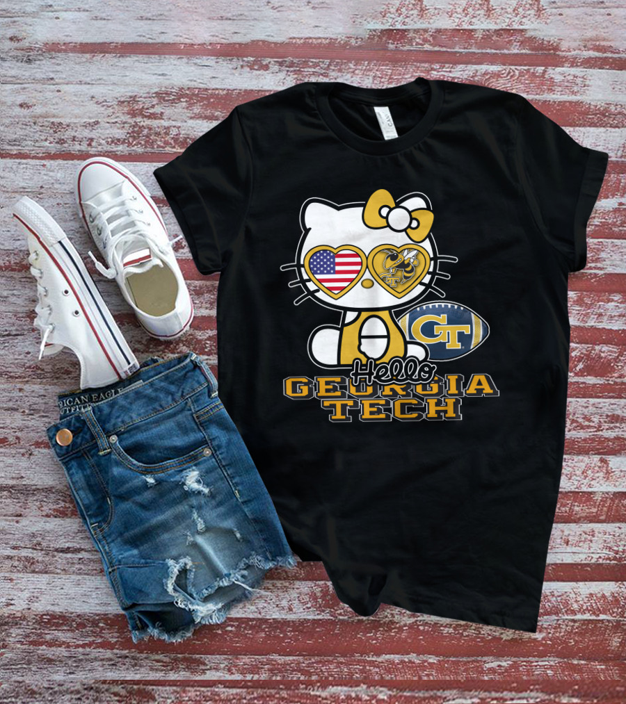 Hello Kitty Georgia Tech Yellow Jackets American Flag Football T-Shirt