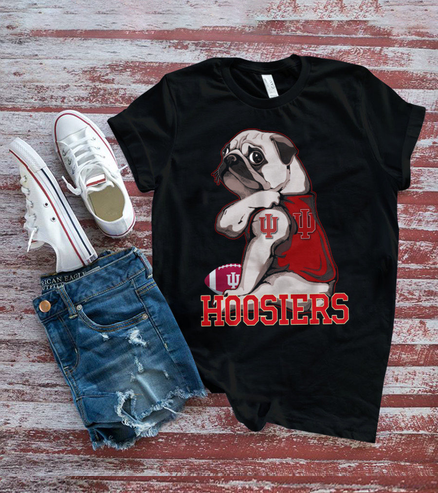 Pug Wearing Indiana Hoosiers Football Jersey With IU T-Shirt
