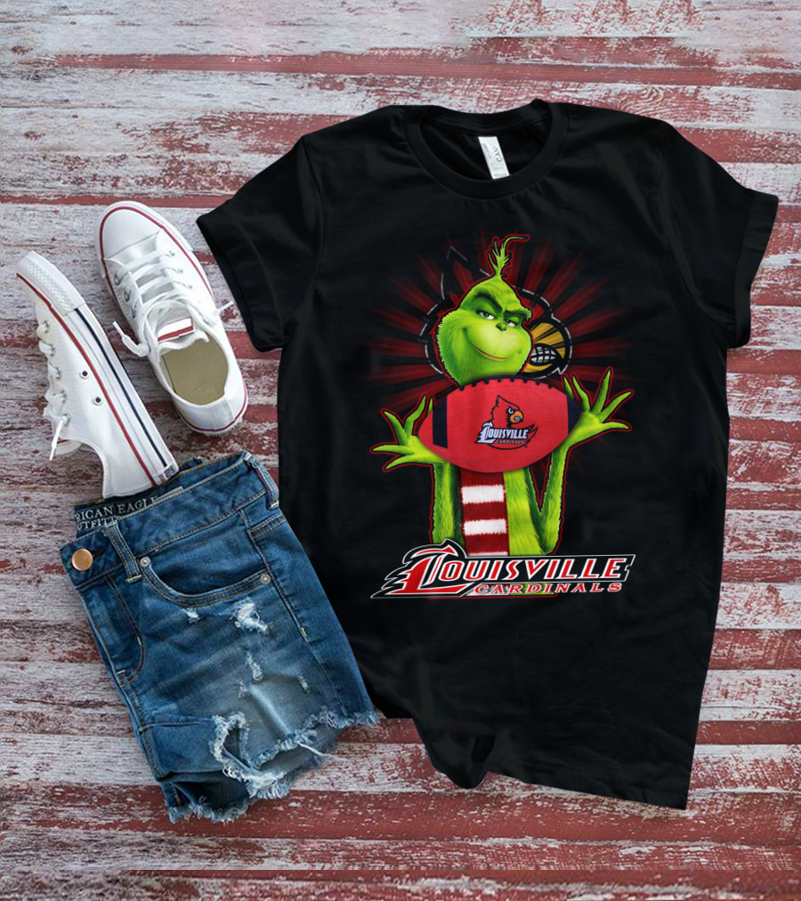 Grinch Holding Louisville Cardinals Football T-Shirt