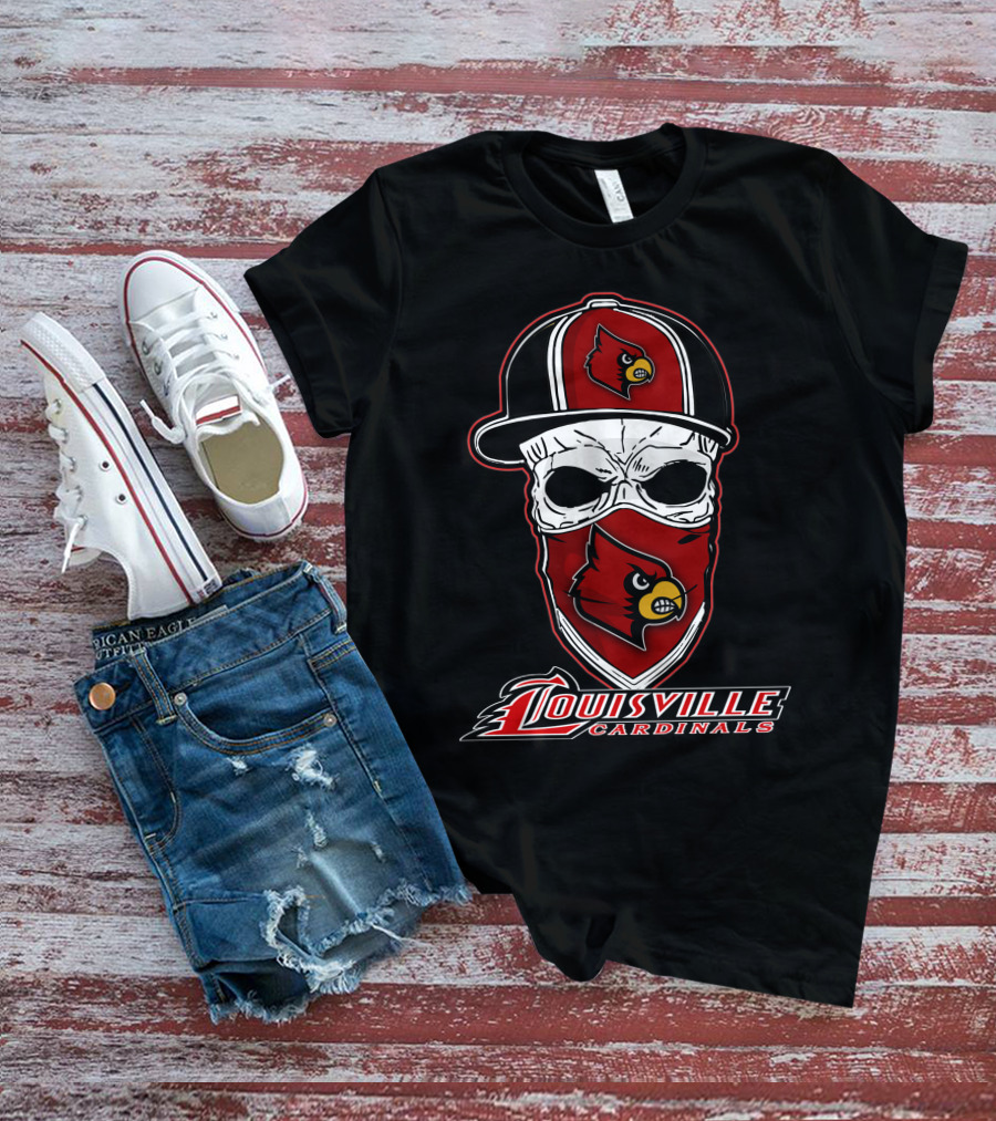 Louisville Cardinals Skull In Hat And Bandana T-Shirt