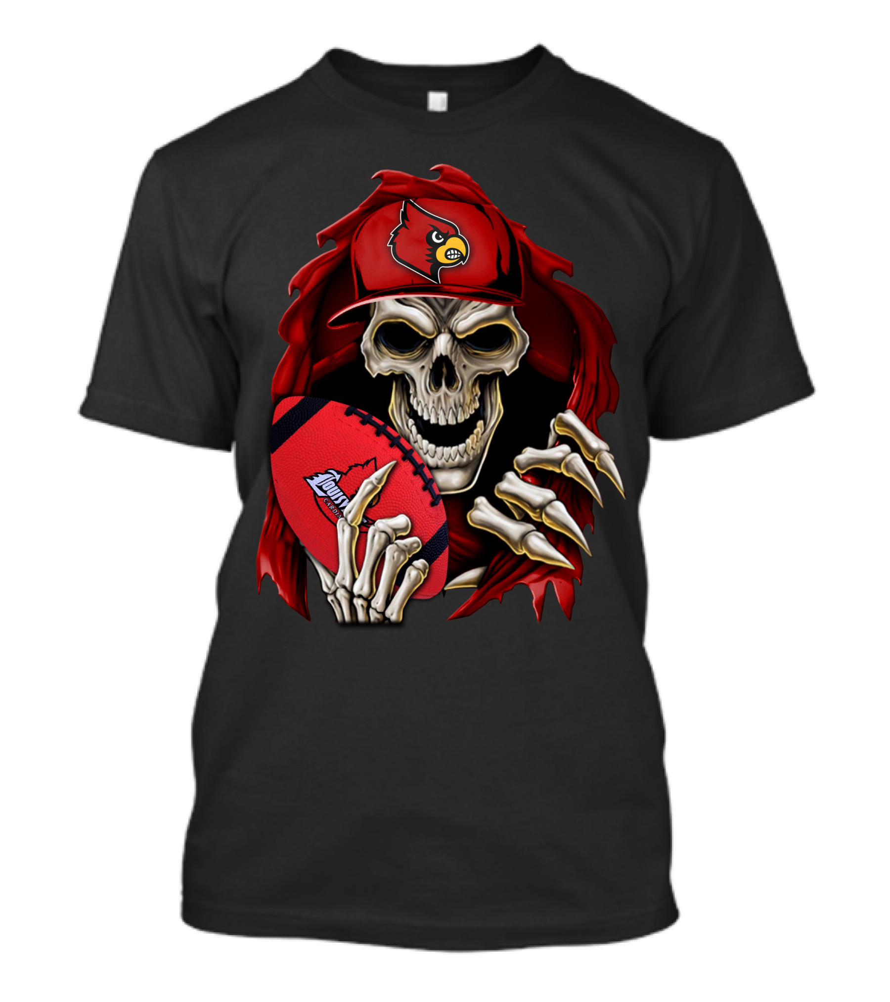 Skullbong Louisville Cardinals Skeleton With Football And Cap T-Shirt