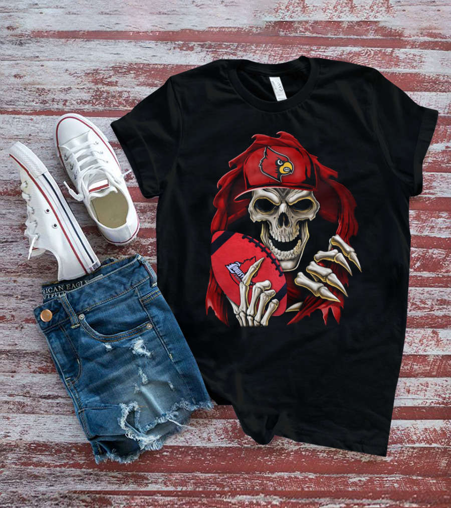 Skullbong Louisville Cardinals Skeleton With Football And Cap T-Shirt