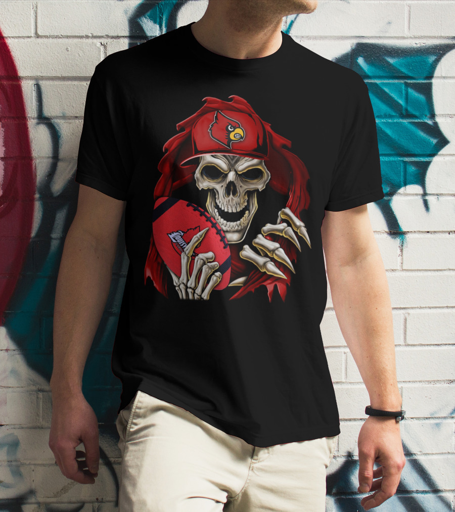 Skullbong Louisville Cardinals Skeleton With Football And Cap T-Shirt