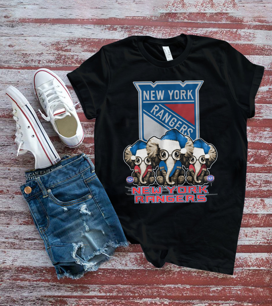 New York Rangers Christmas Elephants In Santa Hats T-Shirt