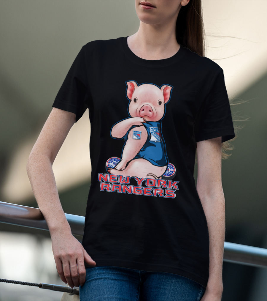 Pig Wearing New York Rangers Blue Logo T-Shirt