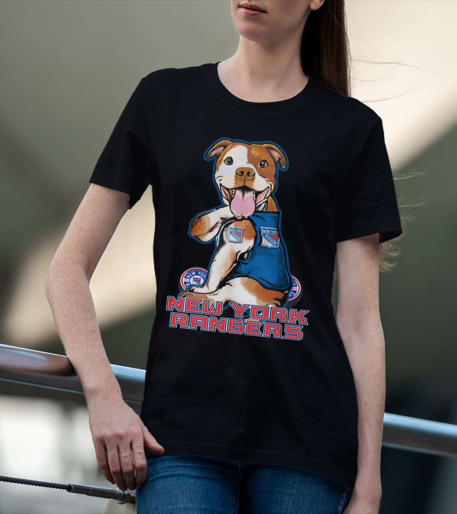New York Rangers Pitbull With Logo And Paw Up T-Shirt
