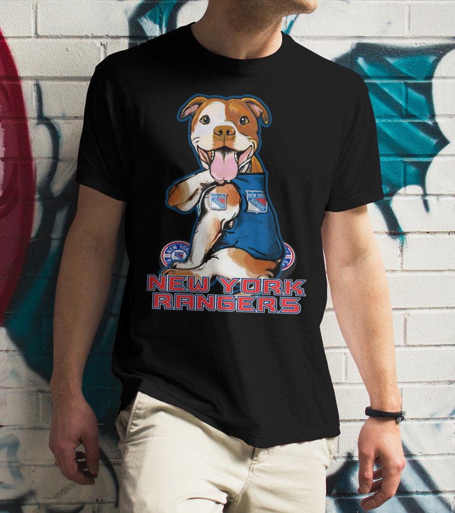 New York Rangers Pitbull With Logo And Paw Up T-Shirt