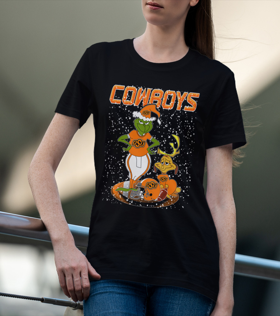 Grinchxmas OSU Cowboys Snowy Holiday Football T-Shirt