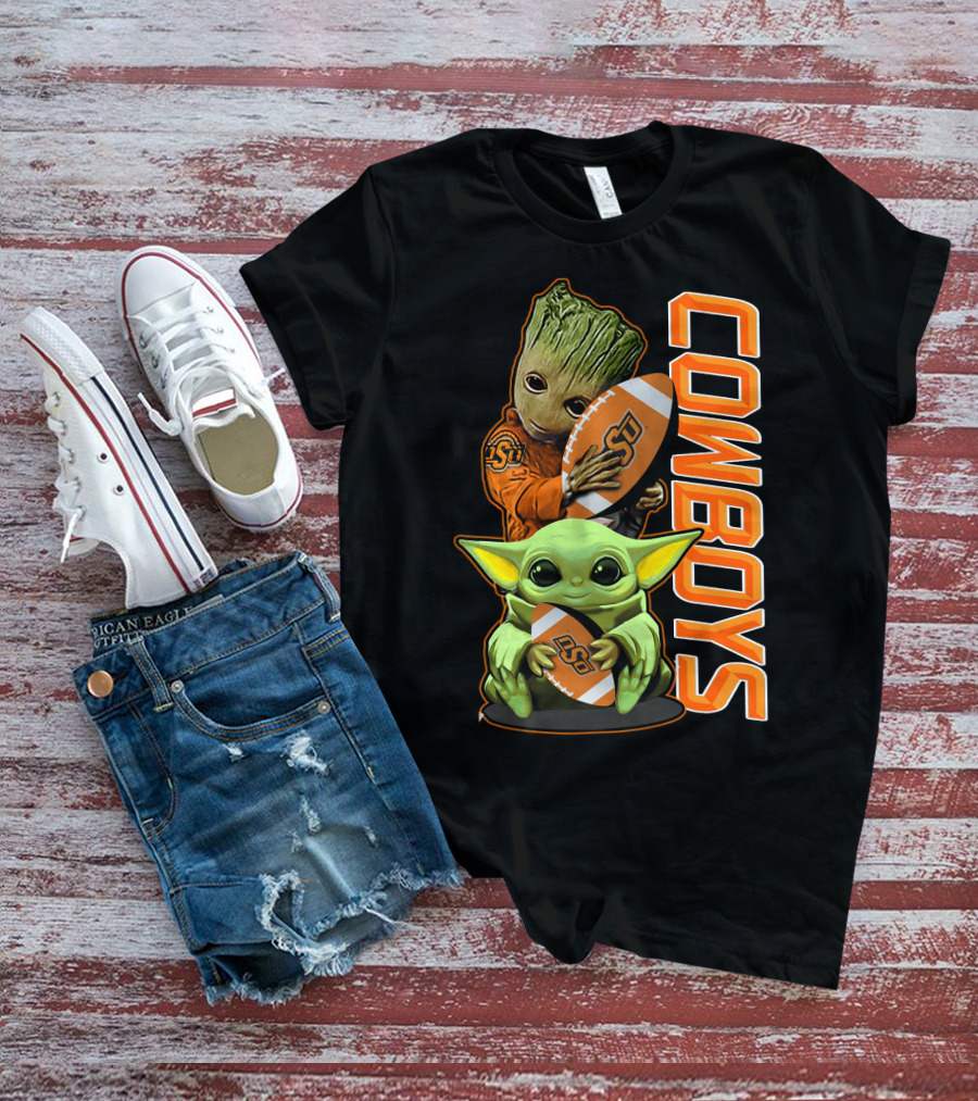Grzd Oklahoma State Cowboys Groot Baby Yoda Football T-Shirt
