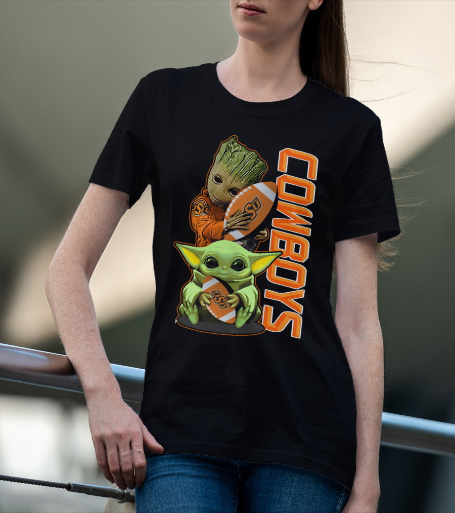 Grzd Oklahoma State Cowboys Groot Baby Yoda Football T-Shirt