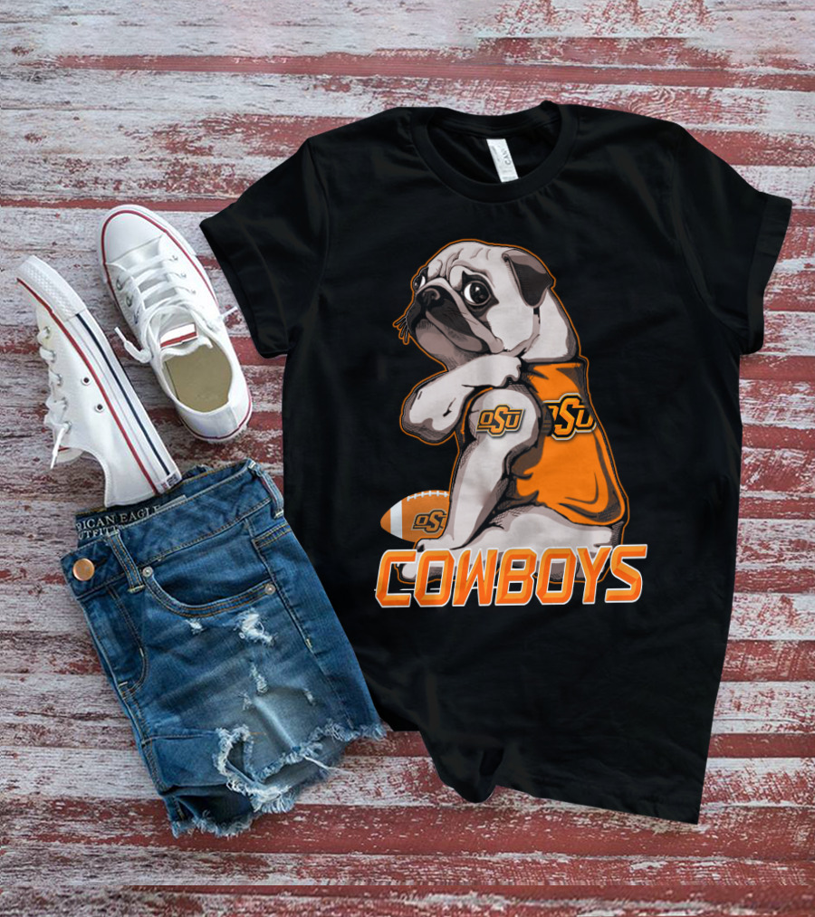 OSU Pug With Football And Cowboys Text T-Shirt