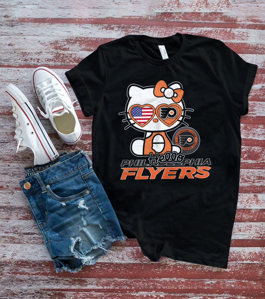 Hello Kitty Philadelphia Flyers American Flag Heart Glasses T-Shirt