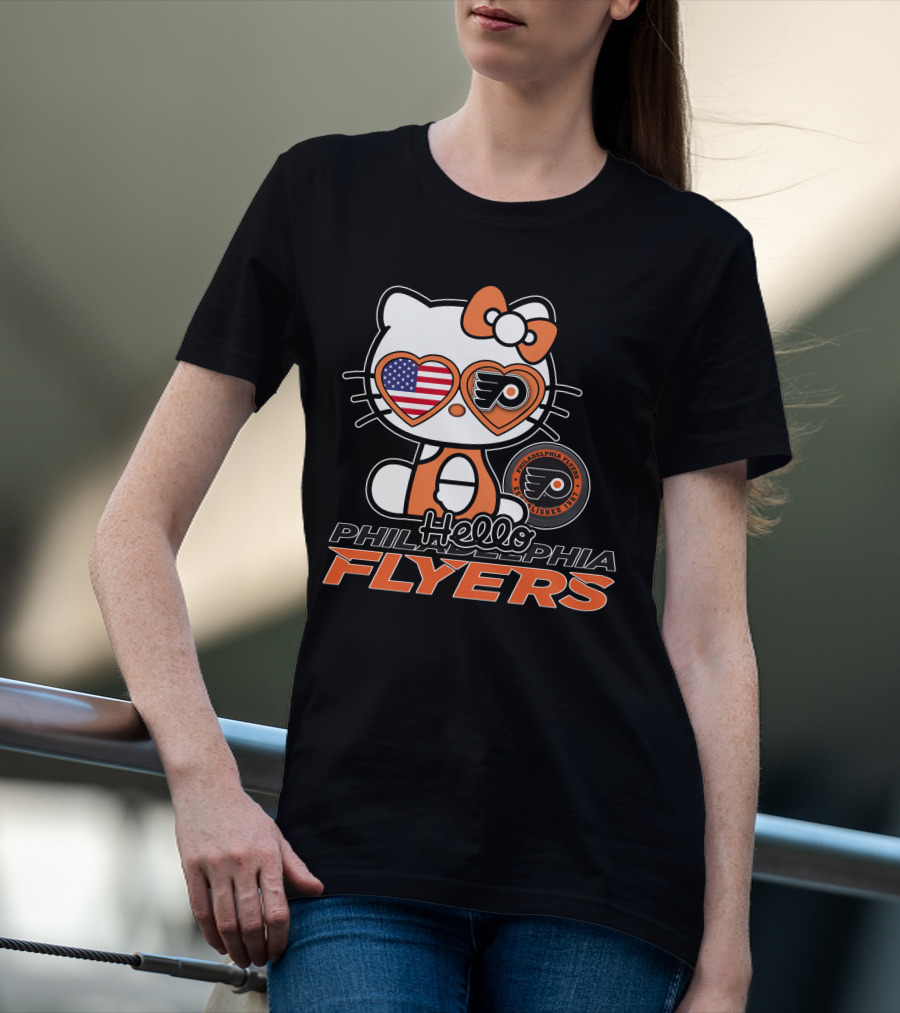 Hello Kitty Philadelphia Flyers American Flag Heart Glasses T-Shirt