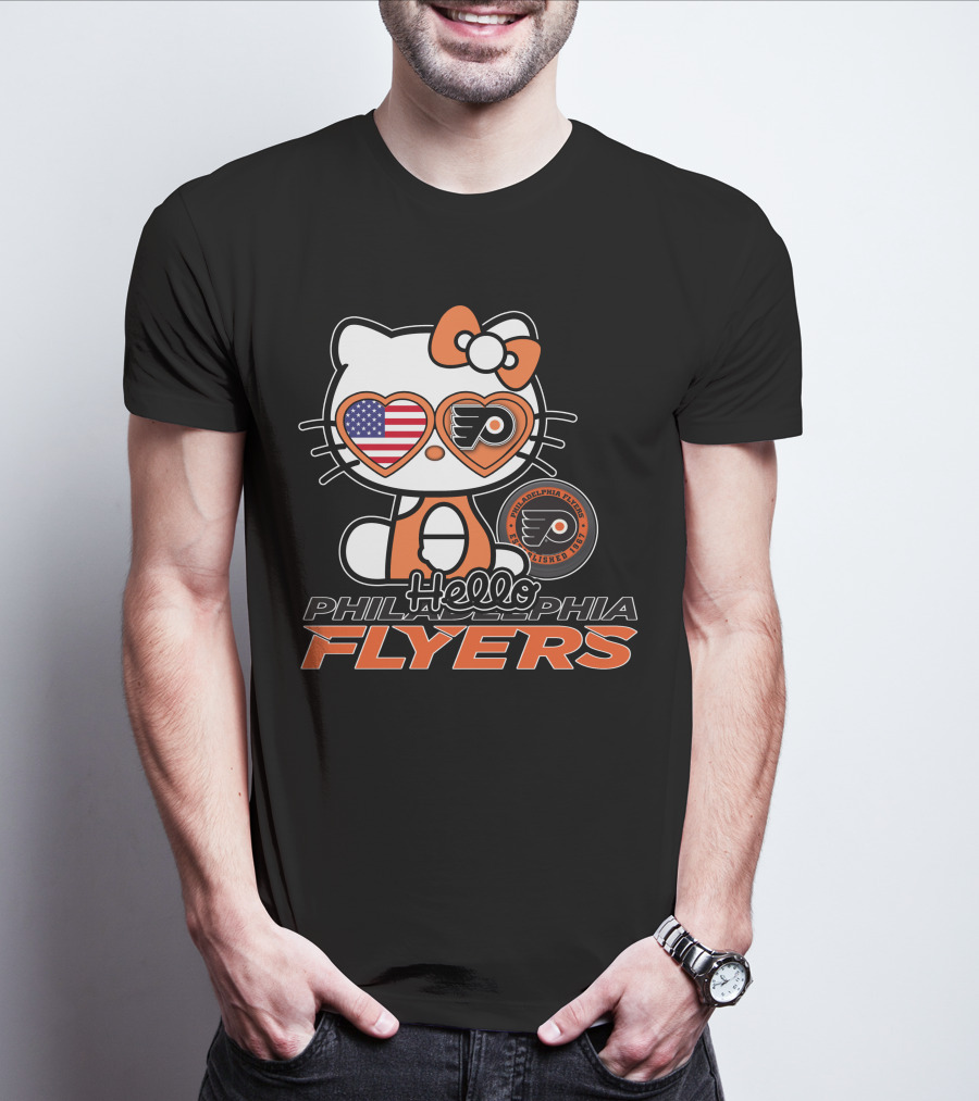 Hello Kitty Philadelphia Flyers American Flag Heart Glasses T-Shirt