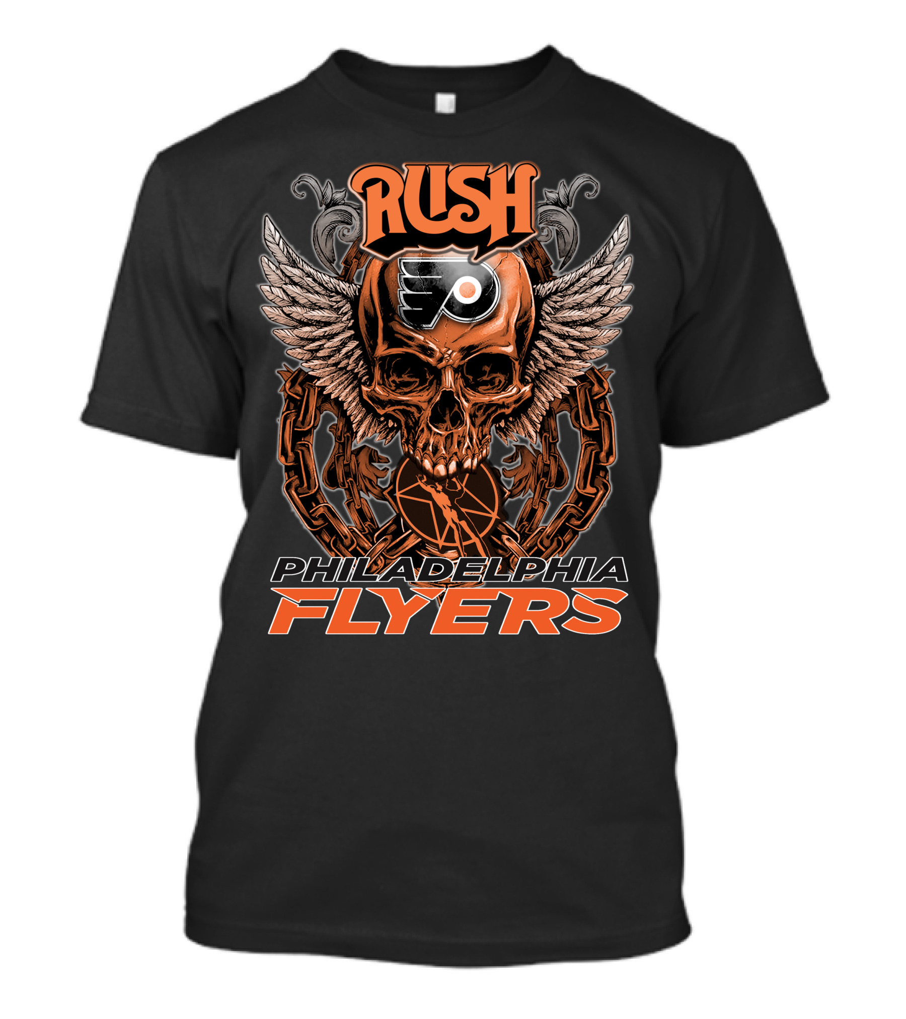Rush Philadelphia Flyers Skull Wings Chain Hockey T-Shirt