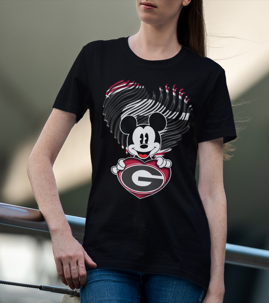 Mick Georgia Bulldogs Heart With G Logo And Black Red Stripes T-Shirt