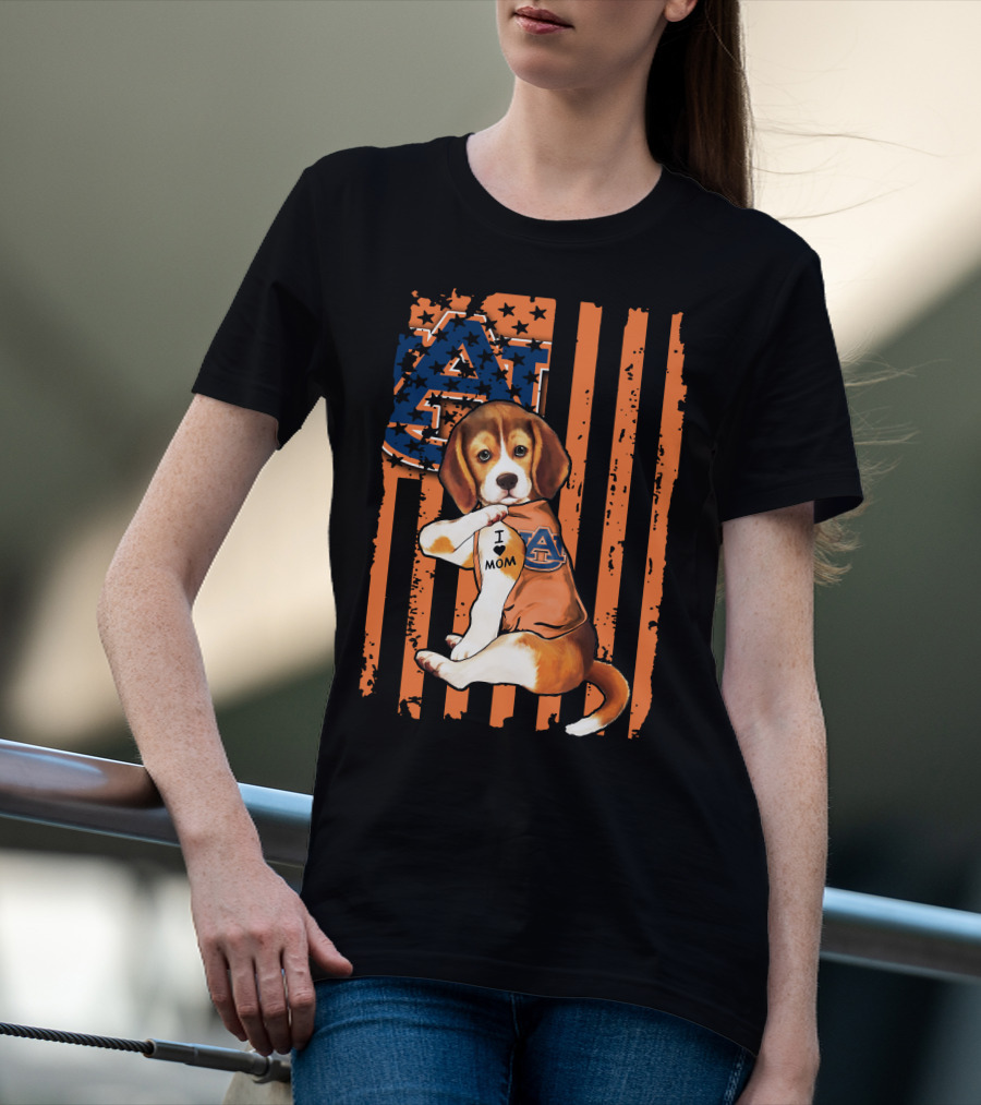 Auburn Tigers Beagle With I Love Mom Tattoo On Auburn T-Shirt