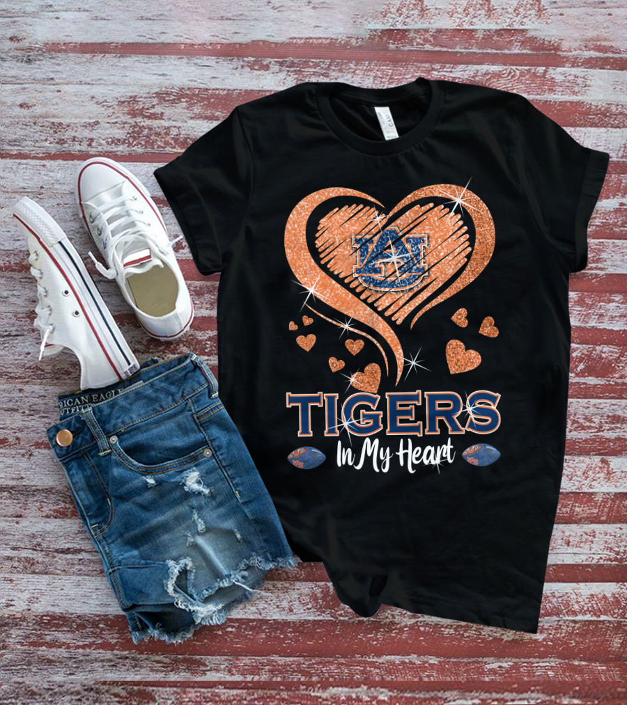 Tigers In My Heart Auburn University Logo With Glitter Hearts T-Shirt