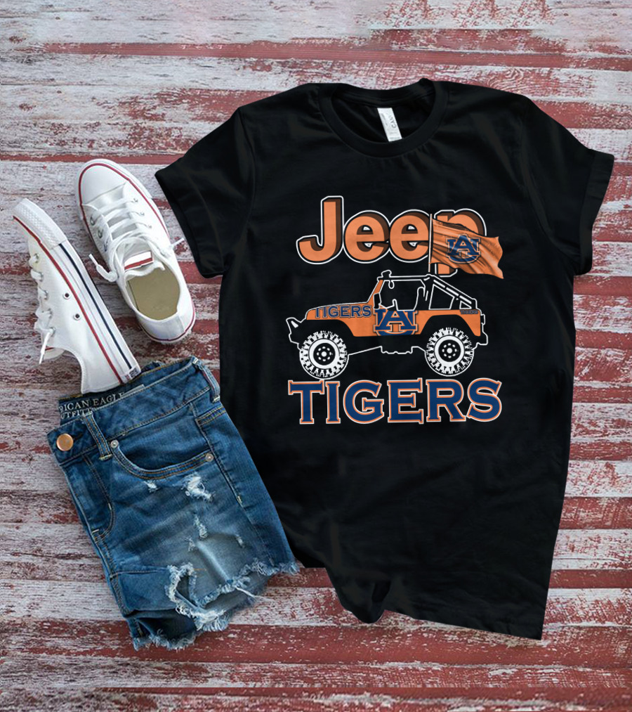 Jeep Auburn Tigers Logo With Orange Jeep And Flag T-Shirt