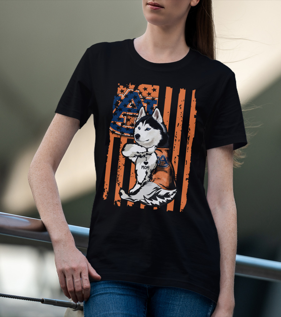 Auburn Tigers Siberian Husky Mom American Flag T-Shirt