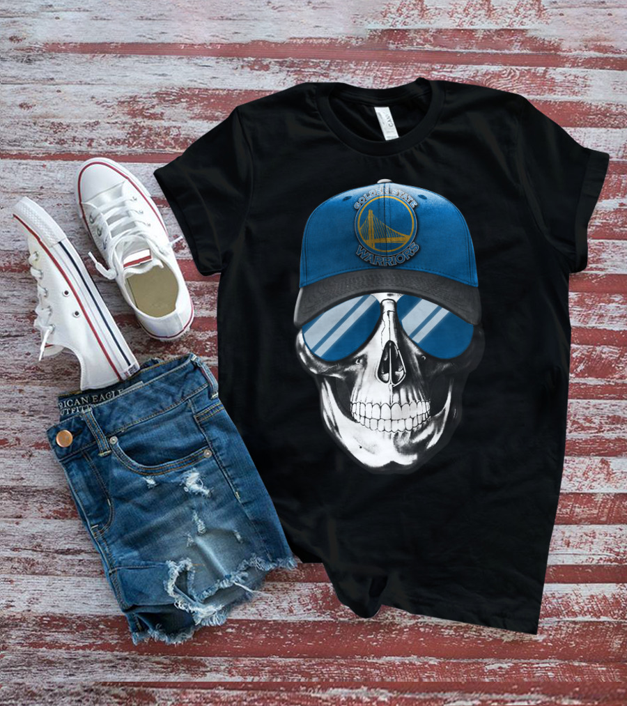 Golden State Warriors Skull With Blue Cap And Sunglasses T-Shirt