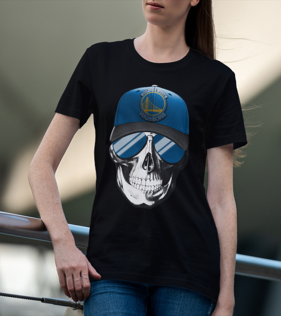 Golden State Warriors Skull With Blue Cap And Sunglasses T-Shirt