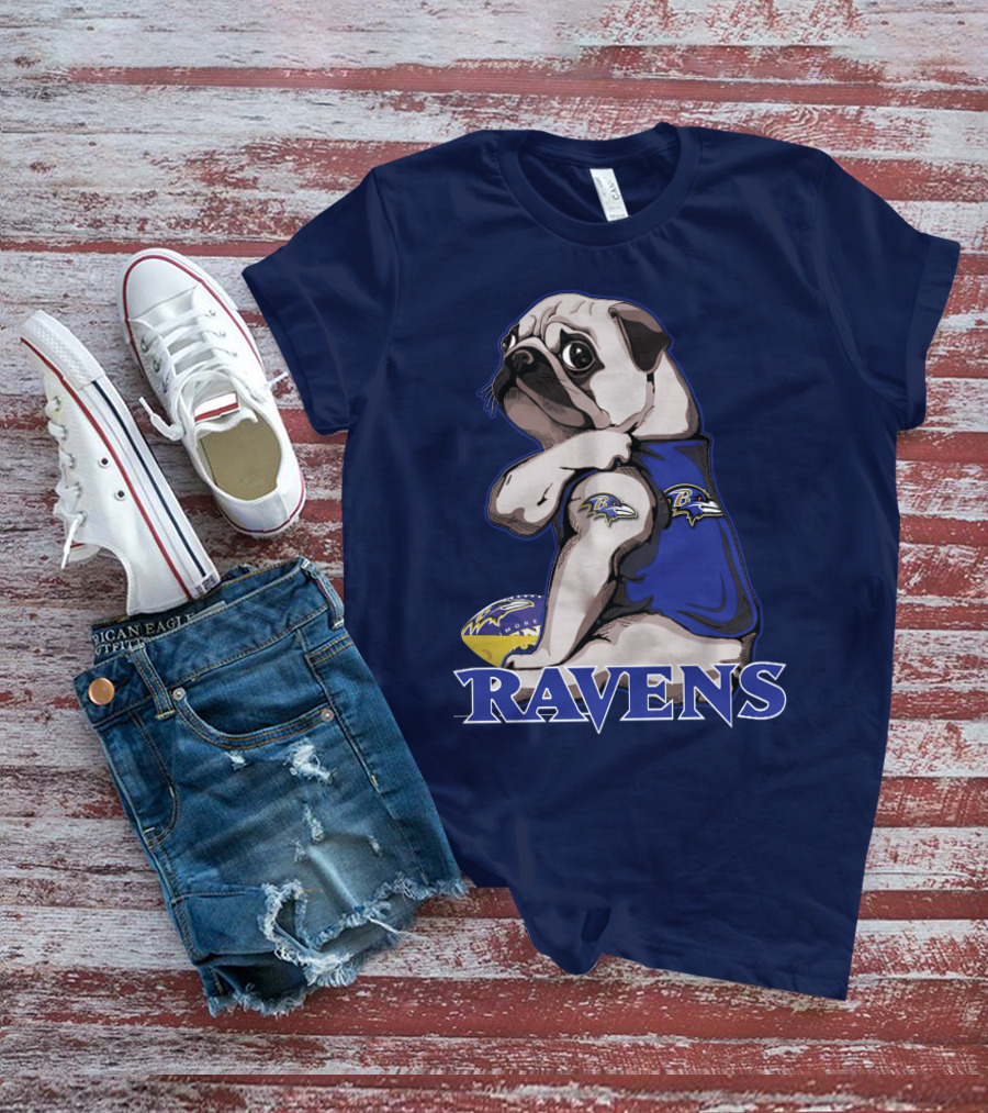 Pug Wearing Baltimore Ravens Football Jersey With Ravens Logo And Football T-Shirt