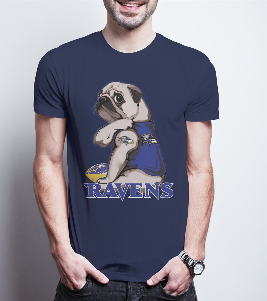 Pug Wearing Baltimore Ravens Football Jersey With Ravens Logo And Football T-Shirt