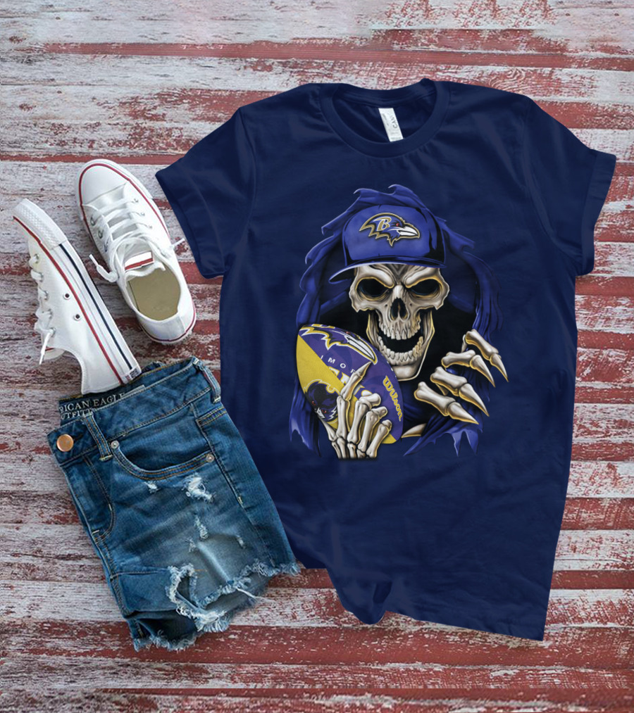 Skullbong Baltimore Ravens Skeleton With Football And Cap T-Shirt
