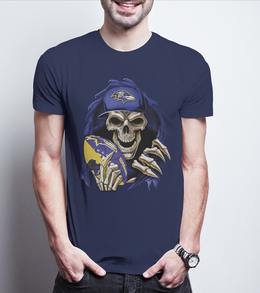 Skullbong Baltimore Ravens Skeleton With Football And Cap T-Shirt