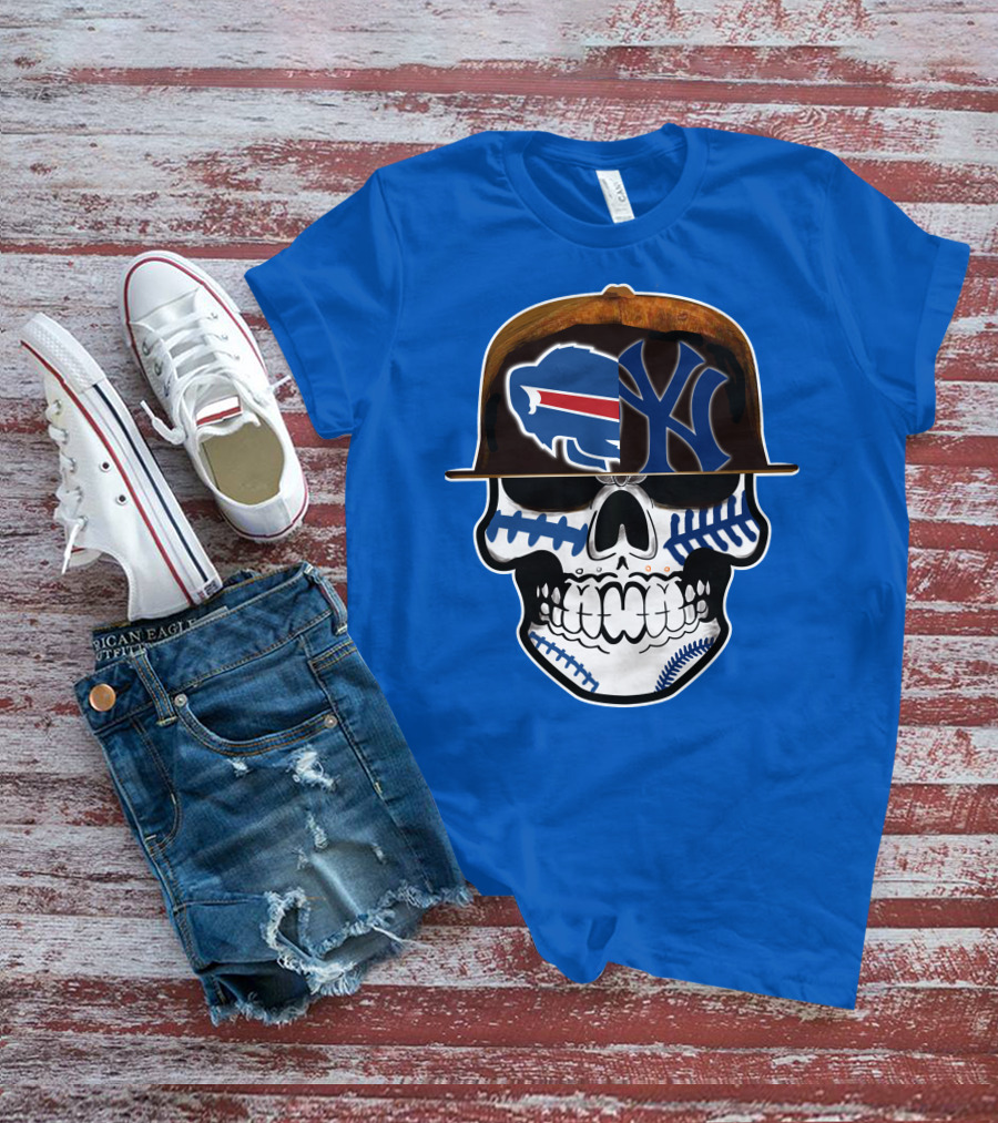 Buffalo Bills 75 Skull Design With Split Logo Yankees Cap T-Shirt