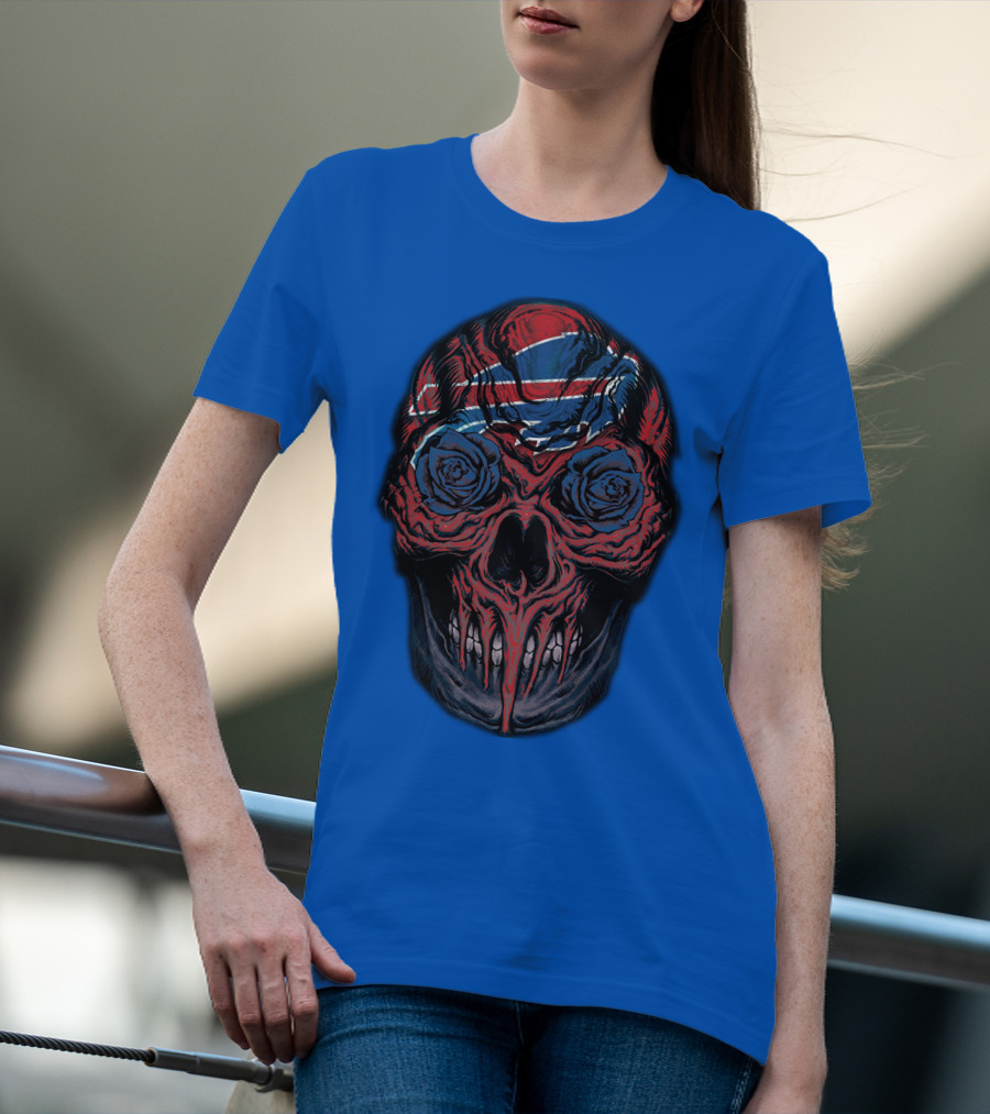 Buffalo Bills 34 Skull With Blue And Red Rose Eyes On Blue T-Shirt