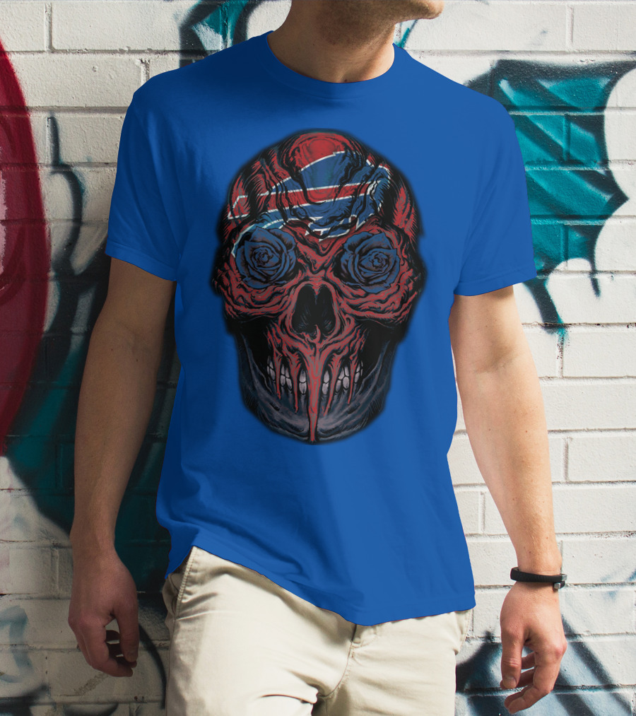 Buffalo Bills 34 Skull With Blue And Red Rose Eyes On Blue T-Shirt