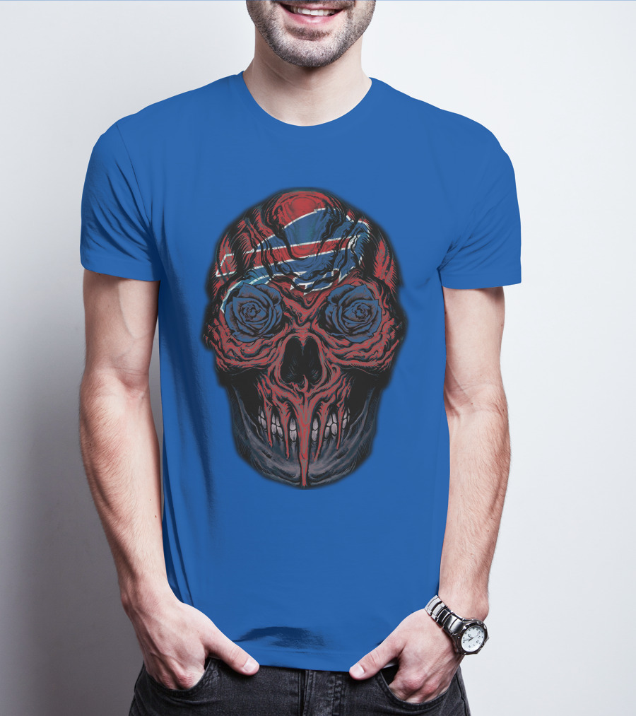 Buffalo Bills 34 Skull With Blue And Red Rose Eyes On Blue T-Shirt
