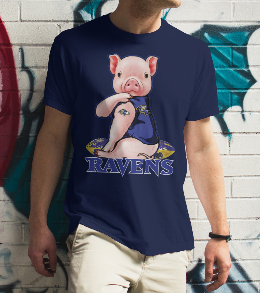 Ravens Pig Mascot With Baltimore Ravens T-Shirt