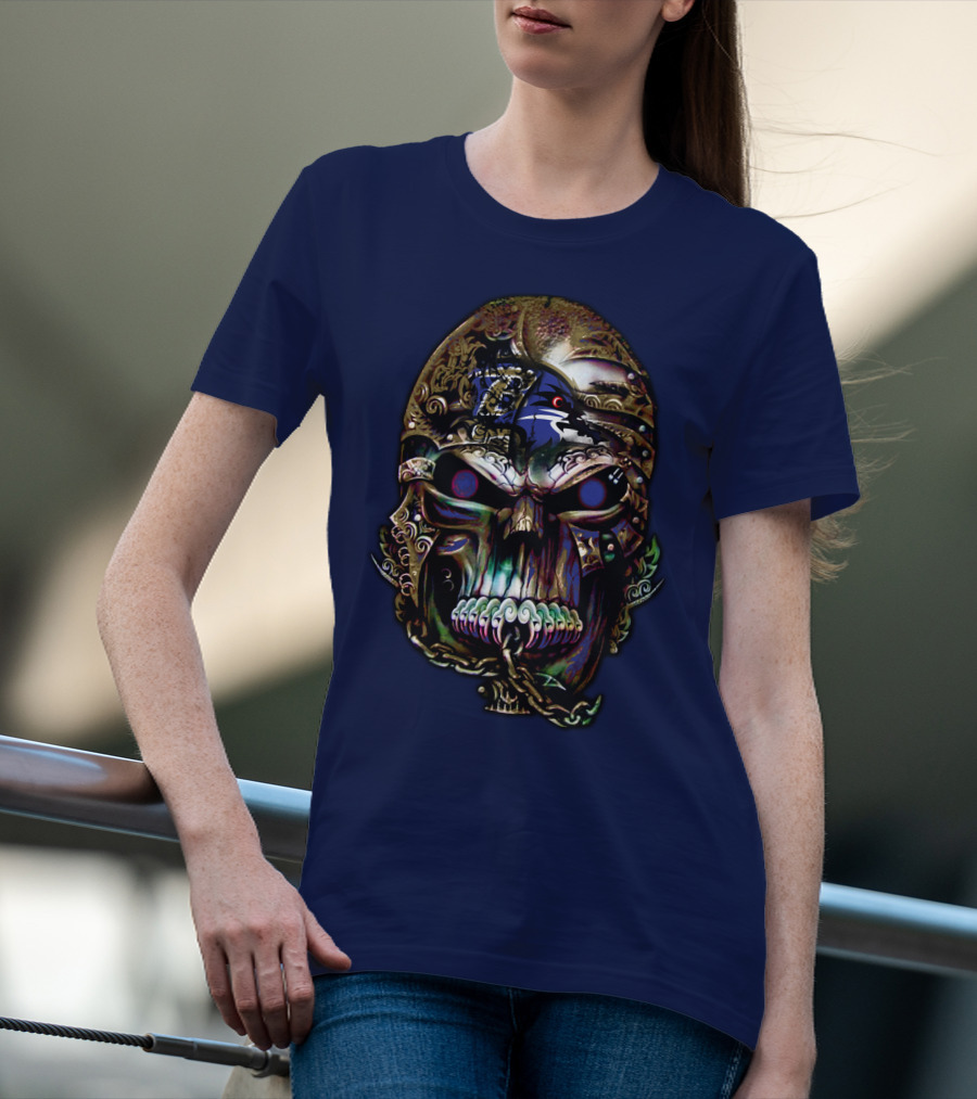 Baltimore Ravens 70 Skull Design With Ravens Logo And Metallic Elements T-Shirt