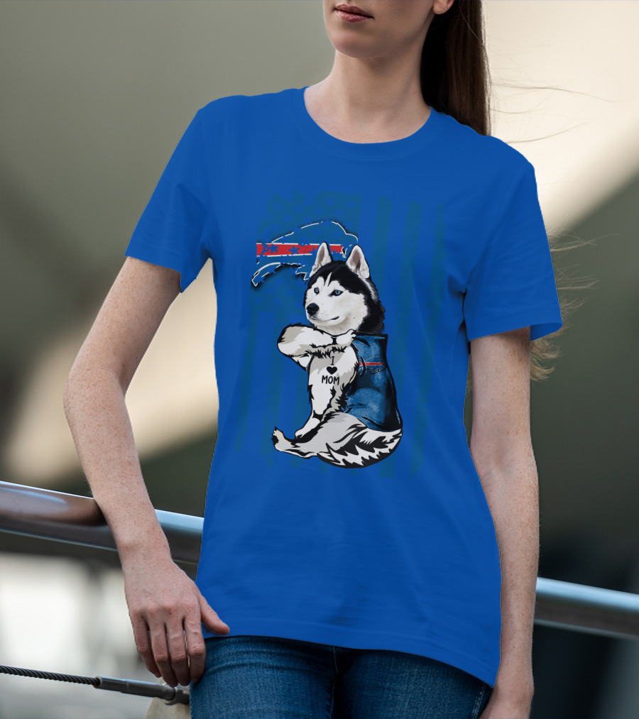 Siberian Husky Wearing Blue Buffalo Bills Vest With Heart Mom Tattoo And Flag T-Shirt