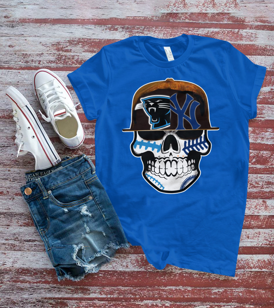 Carolina Panthers New York Yankees Skull Hat T-Shirt