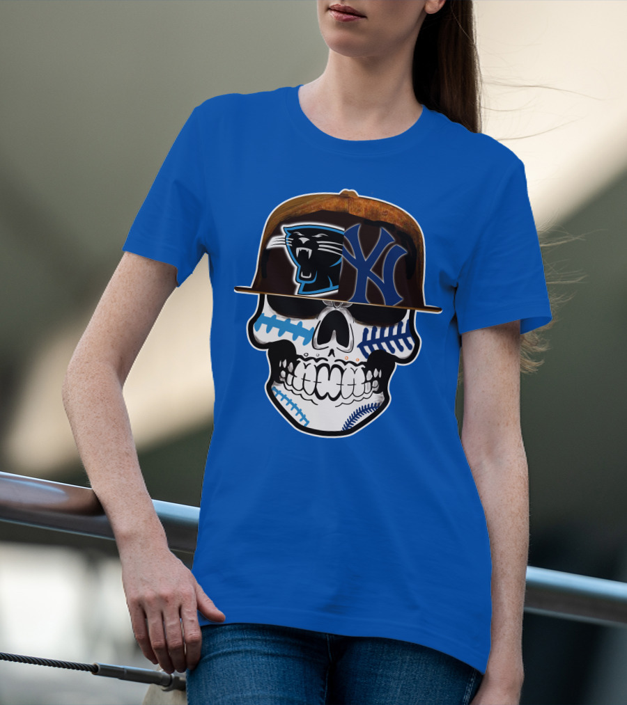 Carolina Panthers New York Yankees Skull Hat T-Shirt