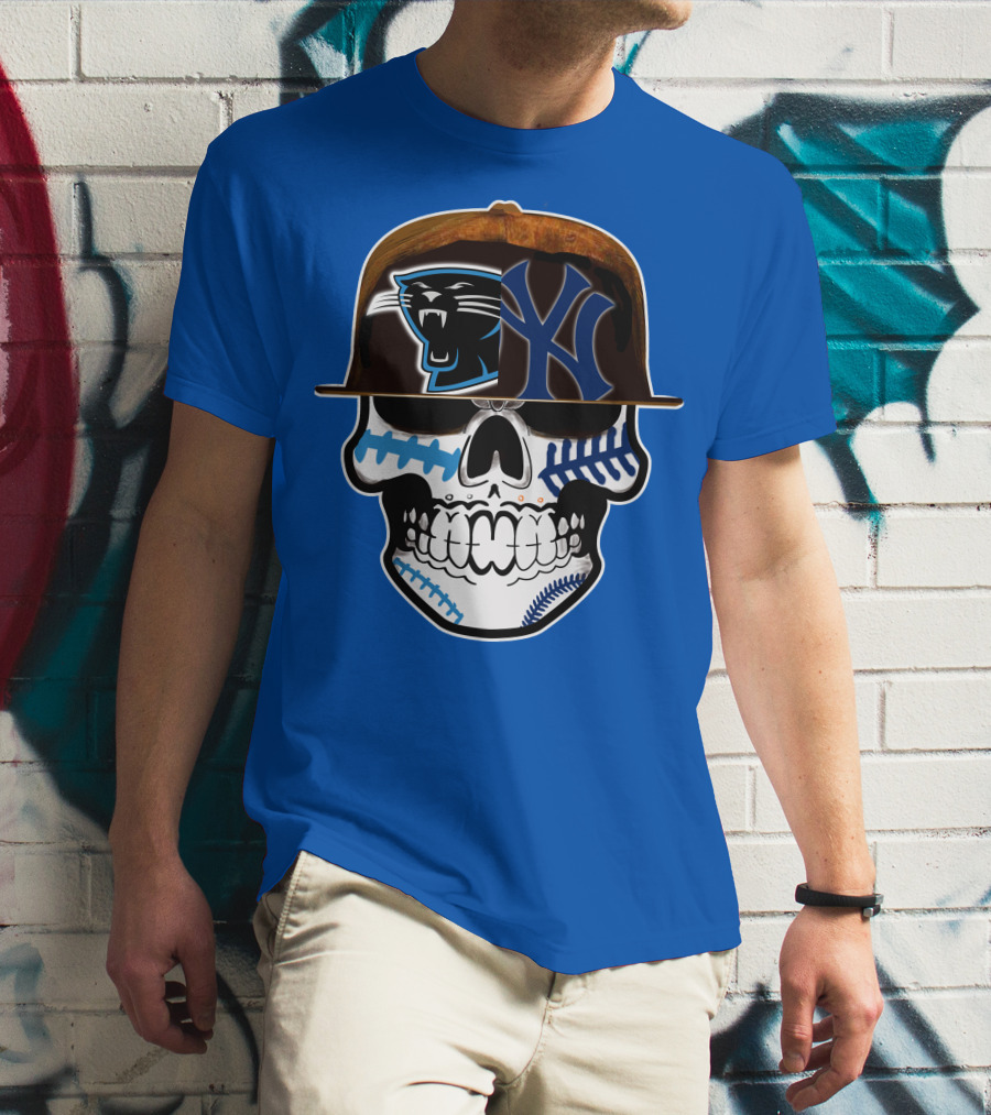 Carolina Panthers New York Yankees Skull Hat T-Shirt