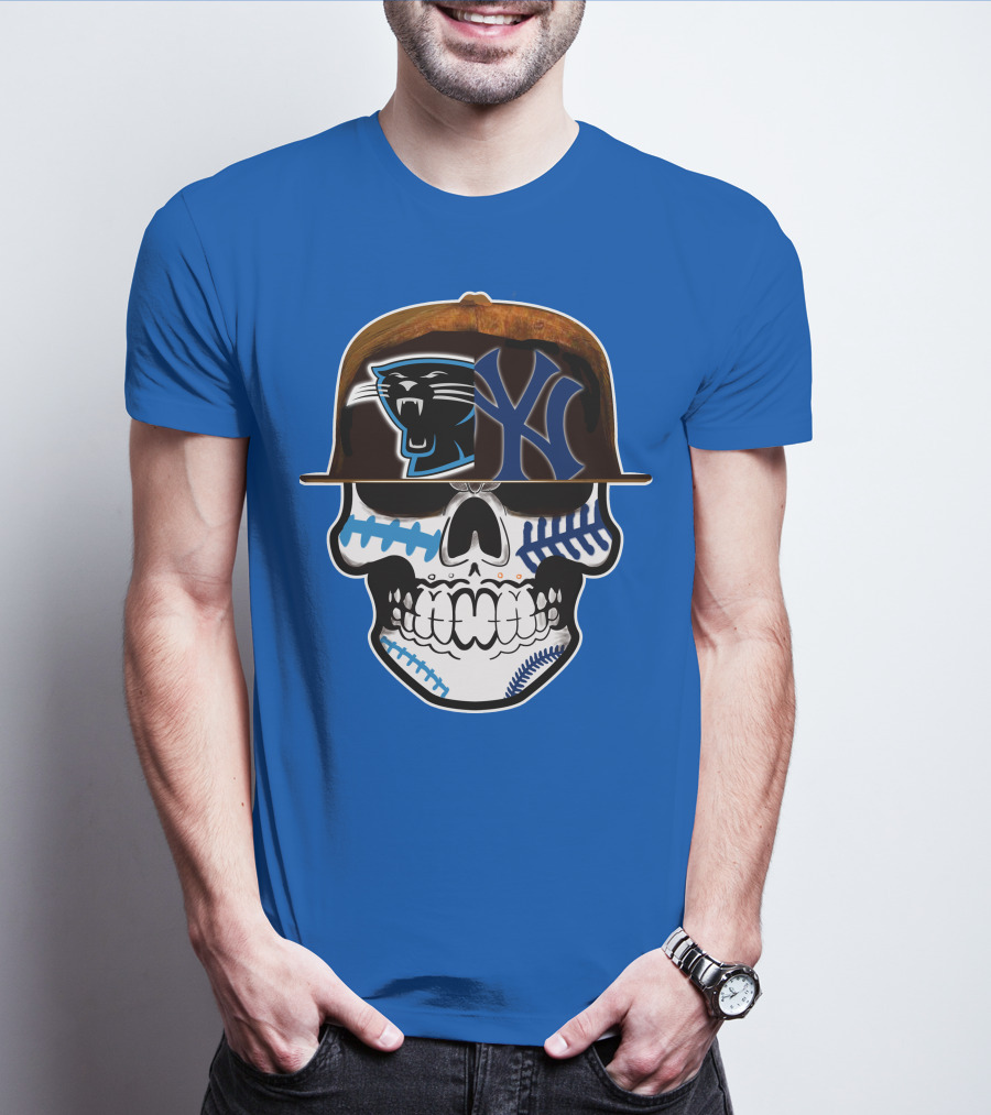 Carolina Panthers New York Yankees Skull Hat T-Shirt