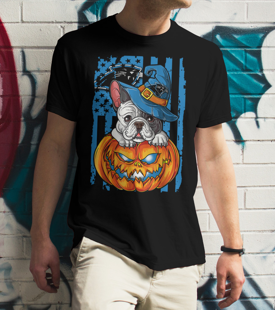 Bulldog Halloween Pumpkin Outfit Carolina Panthers Fan Style T-Shirt