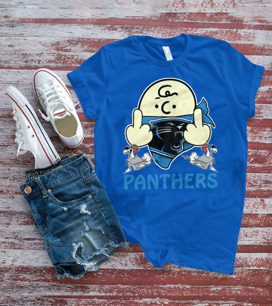 Carolina Panthers Bold Cartoon Character With Snoopy Imagery Middle Finger Salute T-Shirt