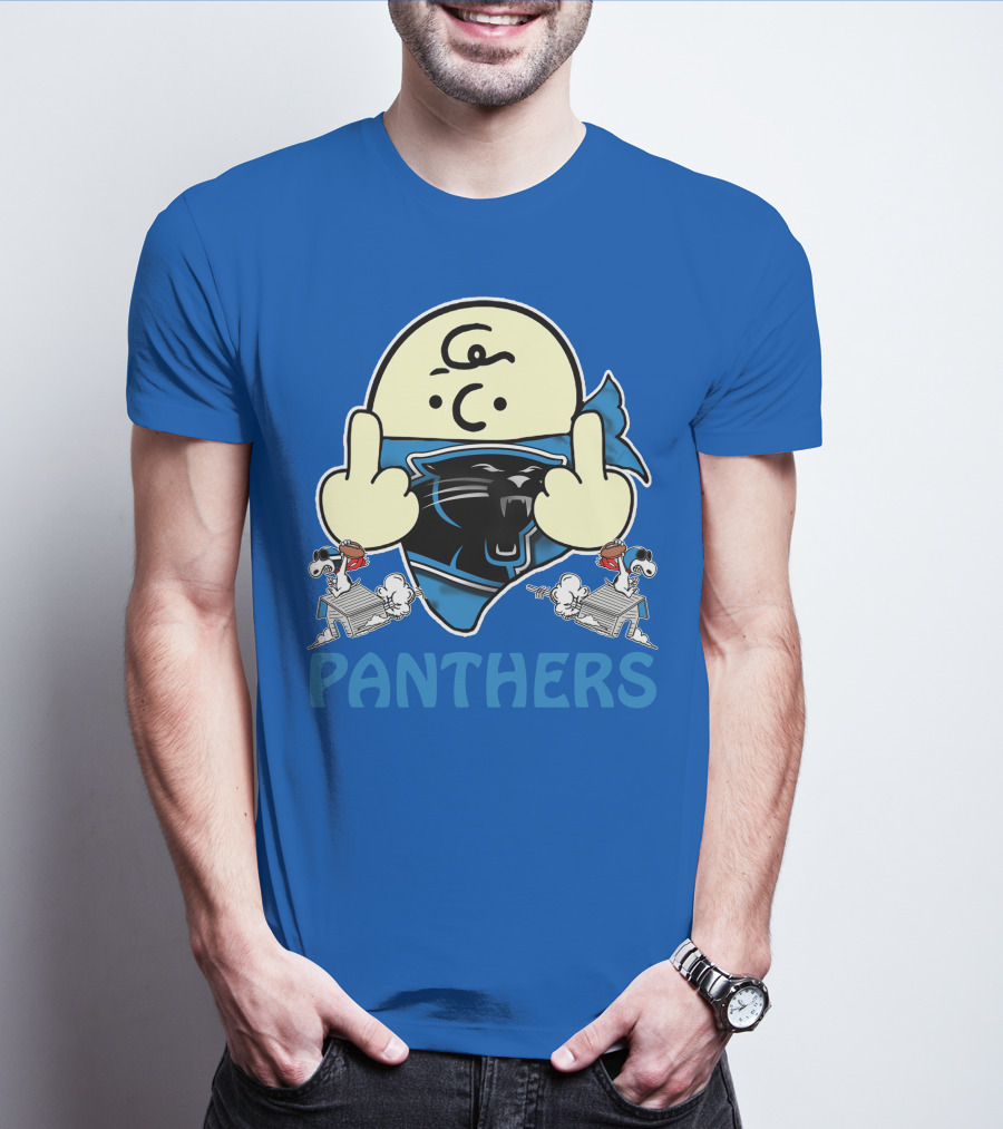 Carolina Panthers Bold Cartoon Character With Snoopy Imagery Middle Finger Salute T-Shirt