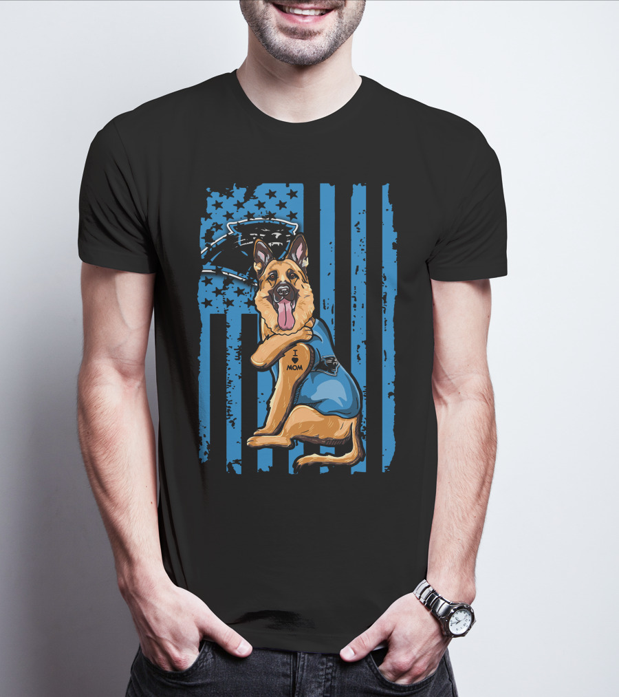 German Shepherd I Love Mom Carolina Panthers Blue American Flag T-Shirt
