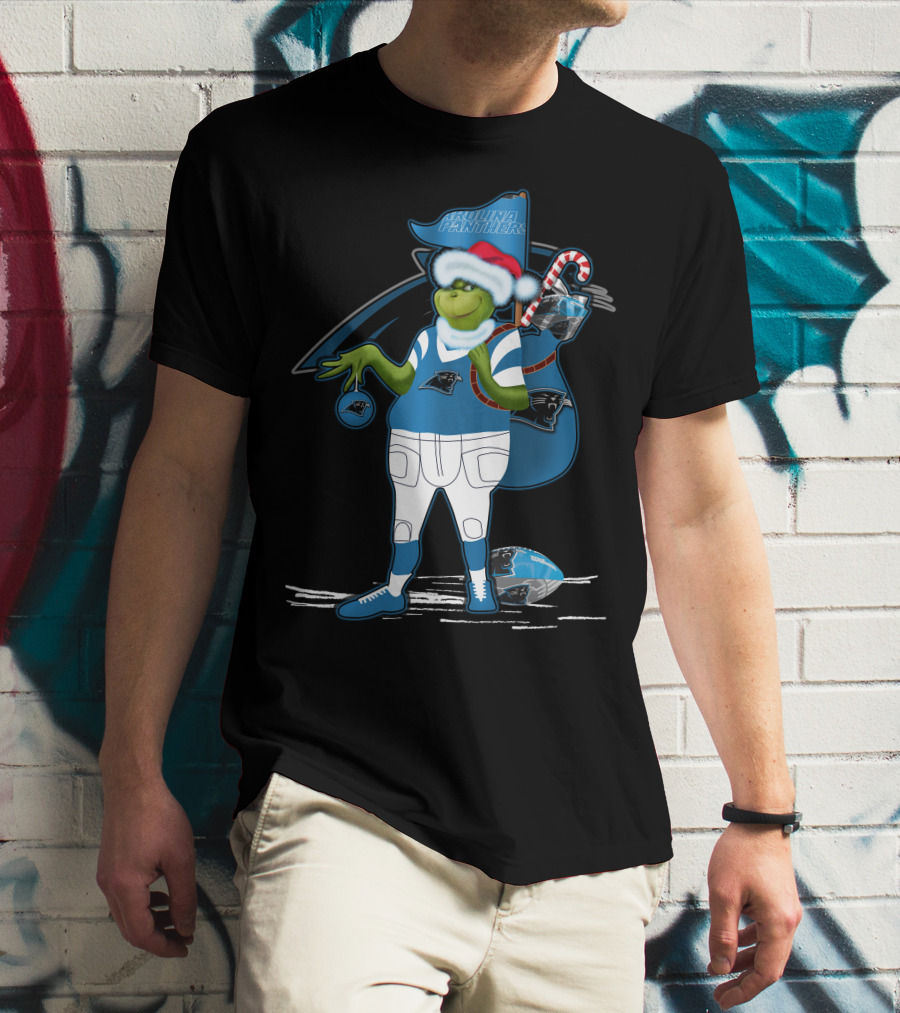 Grinchxmas Carolina Panthers Holiday Character In Team Gear Festive Football Santa Hat T-Shirt