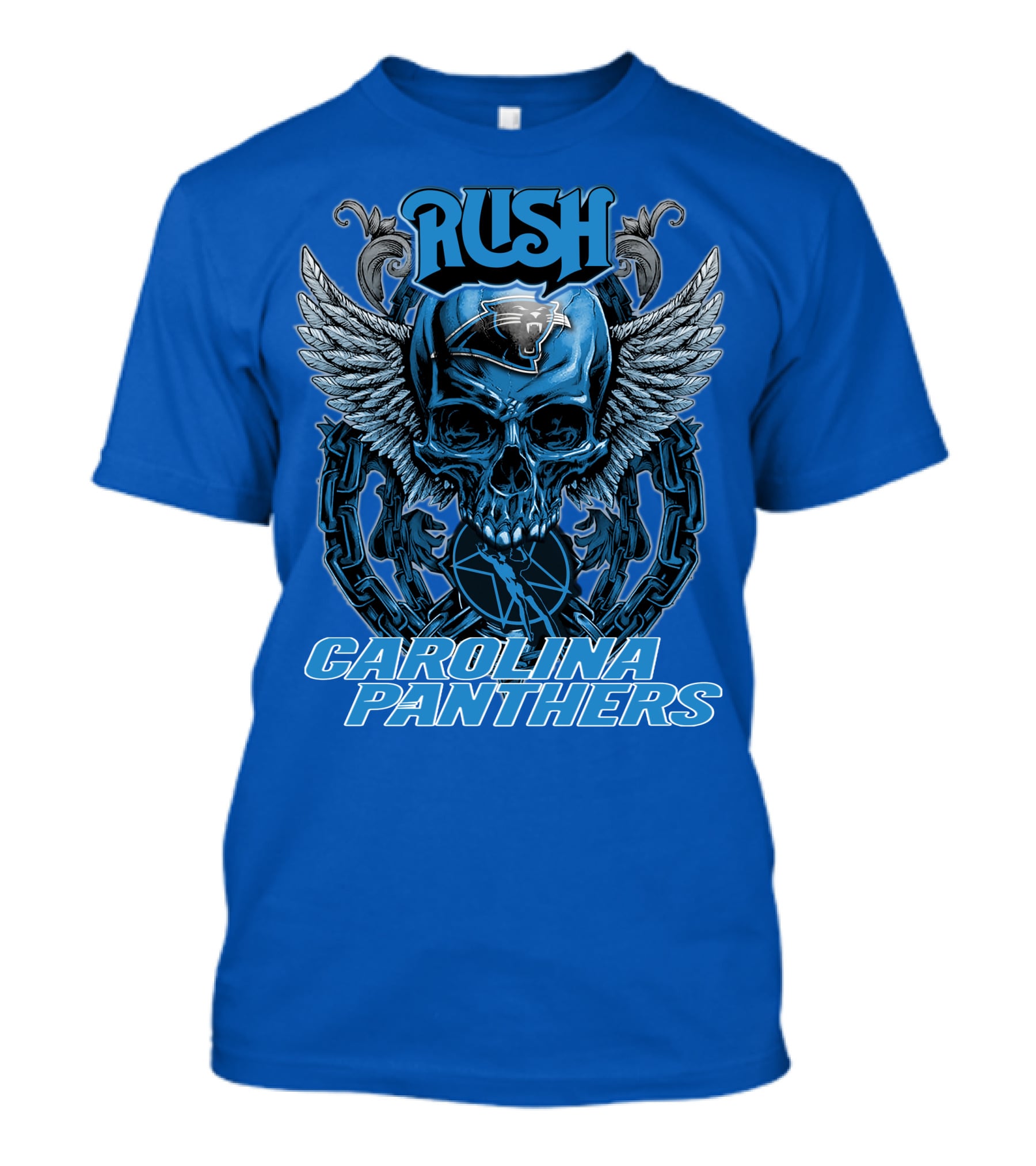 RUSH CAROLINA PANTHERS Skull Wings Helmet Chain T-Shirt