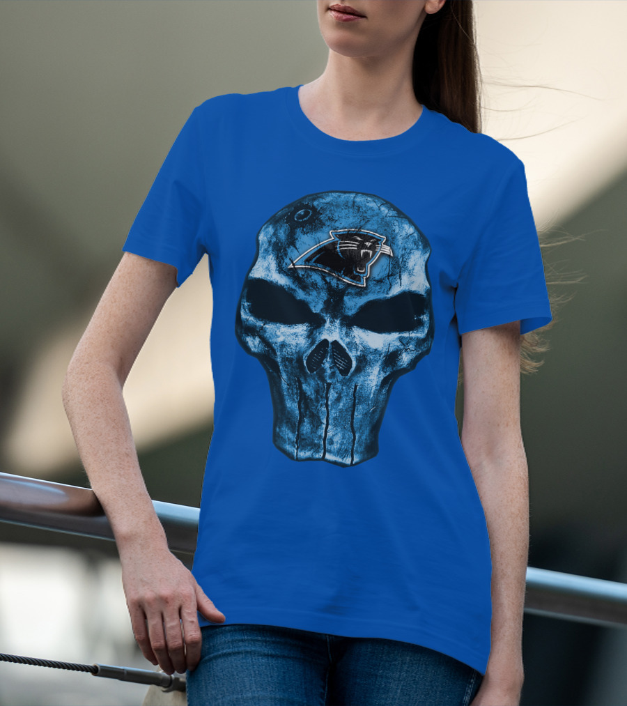 Skull With Carolina Panthers Emblem On Blue T-Shirt