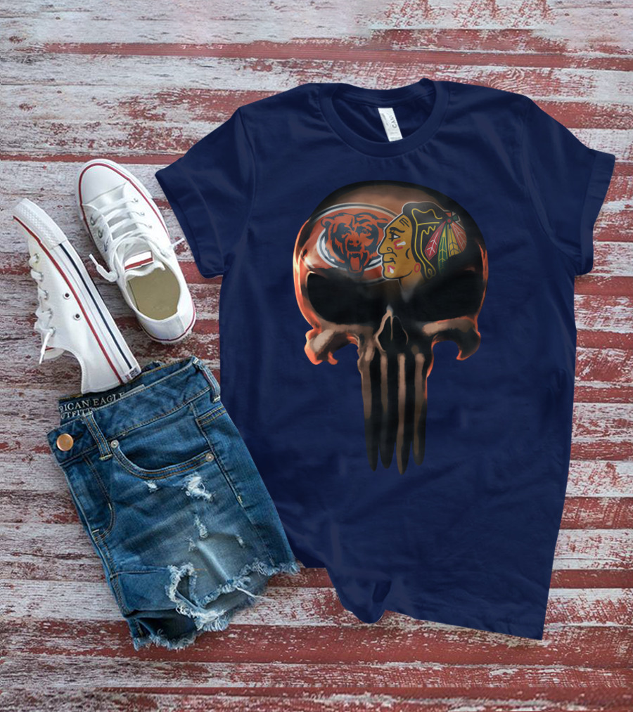 Chicago Bears 56 Skull Design With Nhl Blackhawks T-Shirt