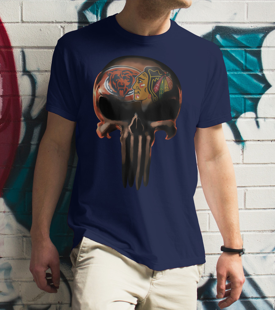 Chicago Bears 56 Skull Design With Nhl Blackhawks T-Shirt